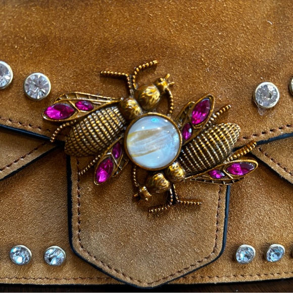 *SOLD** Yellow Suede Bag with Pink Crystal bug Embellishment - Picture 5 of 12
